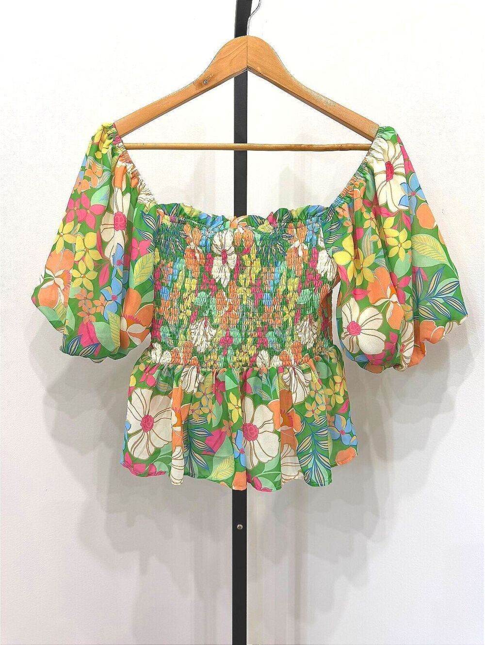 Flying Tomato Floral Puff Sleeve Smocked Crop Top Size S Bright Happy Boho